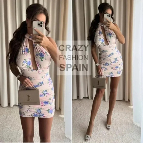 Zara Ruched Floral Halter Mini Dress Pink Purple NWOT Size Small - Picture 1 of 11